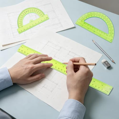 Plastic Clear Ruler Math Set - 6'' 12'' Transparent Straight Ruler, 4'' 6'' Protractor, 30/60 & 45/90 Triangle Ruler, Geometry Math Measuring Tool for School Home Office Drawing Teachers Kids Yellow - color: Yellow