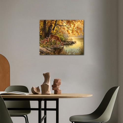 TUMOVO Paint by Numbers Kit for Adults Lake Deer Relaxing DIY Project | Herd of Deer Nature Landscape Unframed Canvas Painting, DIY Gift, Mindful Art Activity and Wall Decor, 16x20 Inch - color: Deer