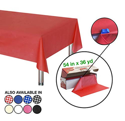 Neatiffy Disposable Plastic Tablecloth Roll | Indoor/Outdoor Table Cloth | Table Cover for Rectangle, Square, Round, Oval Tables | Picnic, Party, Banquet, Birthday, Wedding - 54 in x 108 ft - Red - color: Red