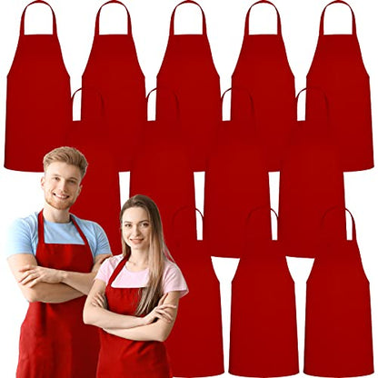 12 Pack Bib Apron - Unisex Red Aprons, Machine Washable Aprons for Men and Women, Kitchen Cooking BBQ Aprons Bulk (Pack of 12, No Pockets, Red) - color: Red, size: 12 Pack
