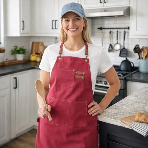Chef Aprons for Men Canvas Apron with Large Pockets and Adjustable Neck Strap for Cooking,BBQ, Gardening - color: Hot Pink