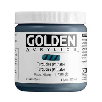 GOLDEN Heavy Body Acrylics, Turquoise (Phthalo), 8 fl. oz. Jar | Artist grade acrylic paint with rich pigment load and a thick body that retains texture and toolmarks.