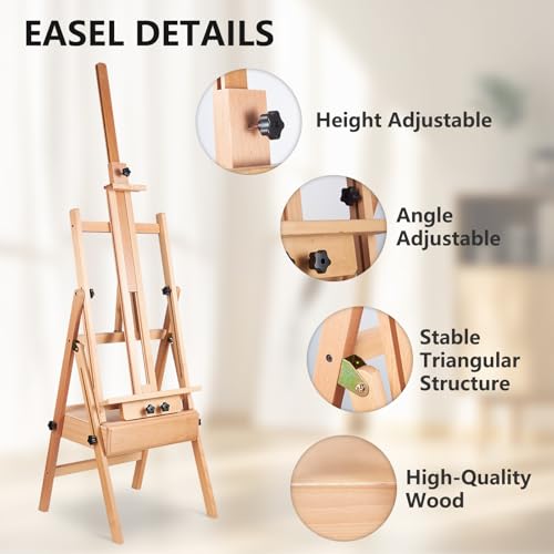 YOKUGO Beech Wood H-Frame Painting Easel with Storage Drawer, Natural | Heavy-duty Studio Easel, Adjustable Height & Angle Floor Easel Stand, Holds 30"-50" Canvas, Foldable Artist Easel for Adults - color: Natural