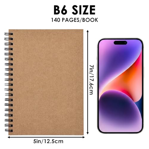 EOOUT 2 Pack Blank Spiral Notebooks B6 Sketchbooks, 140 Pages / 70 Sheets, Unlined Journals 5 x 7in 100GSM for Drawing, Art, Students, Office (Kraft) - color: Kraft