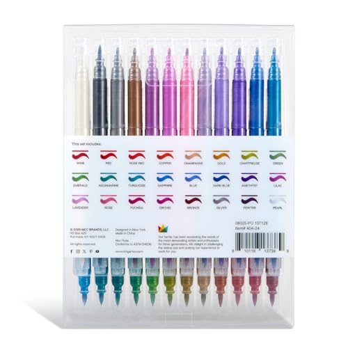 KINGART 24 Metallic Dual Tip Brush + Fine Markers - Easy for All Ages & Levels Pens for Card Making, Journaling, Scrapbooking, Fabric, Rock, Glass, DIY, Black Paper, Art Supplies, Halloween, Christmas