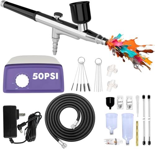 50PSI Dual Action Airbrush Kit with Compressor 0.2/0.4/0.5mm Nozzle Set | Non-clogging with 0.2/0.4/0.5mm nozzles & cleaning set. Dual-action brush for cake decor, makeup, nails & DIY – versatile!