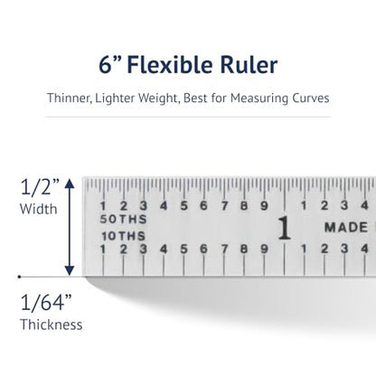 Made in USA 6" Metal Ruler, Flexible | 3R Graduation, Precision Measuring Tool - color: silver, size: 6"