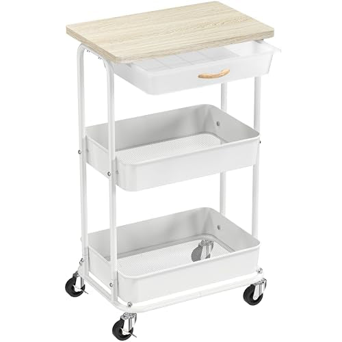 Simple Houseware 3-Tier Rolling Utility Cart with Drawer & Wood Top, Maple - color: Maple