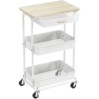 Simple Houseware 3-Tier Rolling Utility Cart with Drawer & Wood Top, Maple - color: Maple