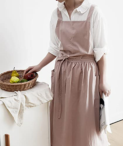 VLZUFE Women Cotton Linen Cross Back Apron with Pockets for Gardening Works Pinafore Dress - color: Pink
