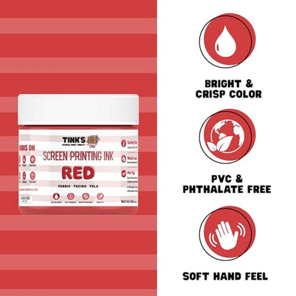 Tinks Screen Printing Ink - Red - 8 oz. | Water-Based Fabric Ink - Screen Printing, Stenciling, Tote Bags & Fabric Stamping - Non-Toxic, No Harsh Fumes - 8 oz. - color: Red