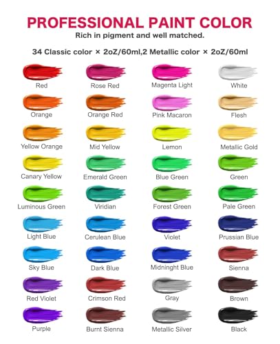 Acrylic Paint Set - 36 Colors 2 oz/59 ml Acrylic Paints for Professional Artists with 10 Brushes , Art Supplies for Painting Canvas Rock Wood Ceramic Glass Art Craft Painting, Rich Pigments Lasting Quality for Beginners, Students & Professional Artist - s