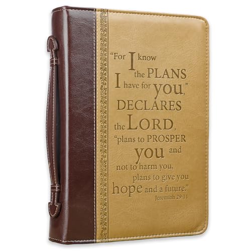 Christian Art Gifts Faux Leather Bible Cover: I Know The Plans, Brown & Tan | Medium, Bible Verse, Book Cover, Case, Zipper, Pocket Storage, Pen Loops, Bible Study Supplies, Encouragement Gifts for Men - size: Medium