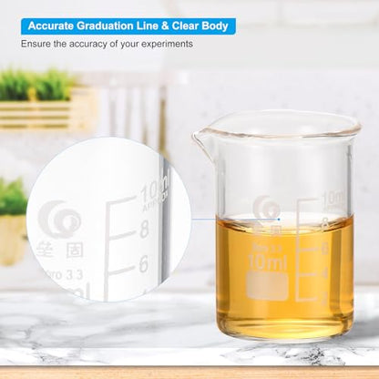 PATIKIL 10ml Low Form Glass Beaker, 4Pcs 3.3 Borosilicate Glass Beakers Graduated Measuring Cup with Spout for Lab Experiment, Cooking and Baking, Clear - size: 10ml