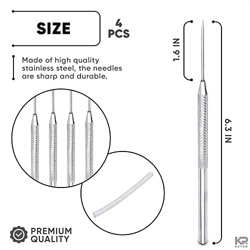 KETAR 4 Pcs Pottery ToolsTips, 6.3 Inch, Stainless Steel, Knurled Grip | Pottery Needle Tool Set; Non-Slip Grip, Protective Sleeve; Needle Tools for Clay; for Ceramics, Sculpting, and DIY Carving