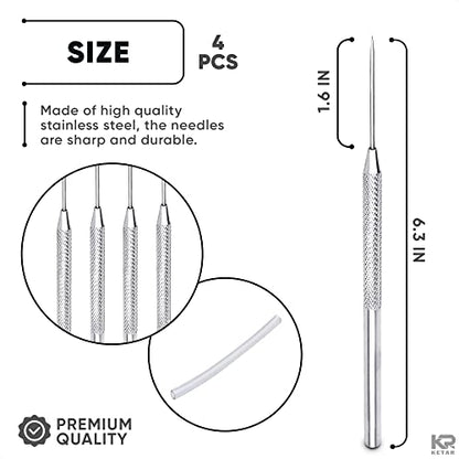 KETAR 4 Pcs Pottery ToolsTips, 6.3 Inch, Stainless Steel, Knurled Grip | Pottery Needle Tool Set; Non-Slip Grip, Protective Sleeve; Needle Tools for Clay; for Ceramics, Sculpting, and DIY Carving