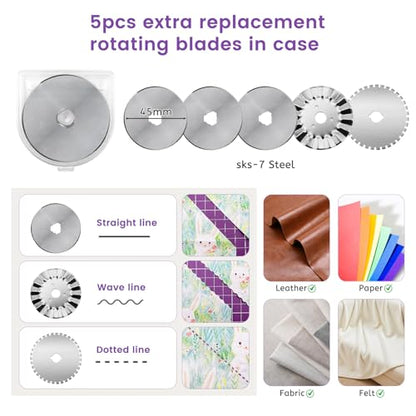 Daily Treasures 45mm Rotary Cutter Set with 5pcs Blades (Straight,Wave,Dot), No Constant Pressing Steel Rotary Fabric Cutter, Sewing Supplies Kit Includes A3 Cutting Mat, Acrylic Ruler, Seam Roller