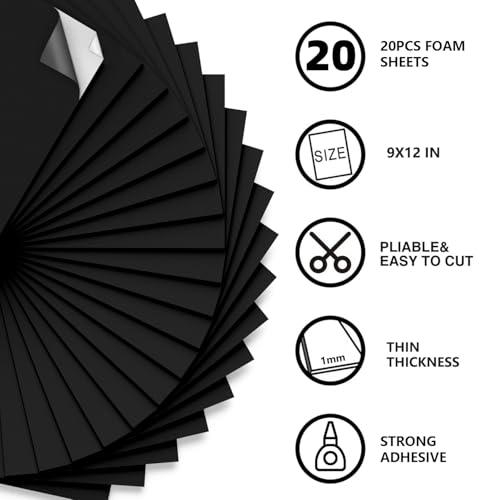 MEARCOOH Self Adhesive Foam Sheets Black, 1mm Sticky Eva Foam Paper 9x12 Inch for Crafts(20PACK) - color: Black, size: 229 x 305 x 1 mm