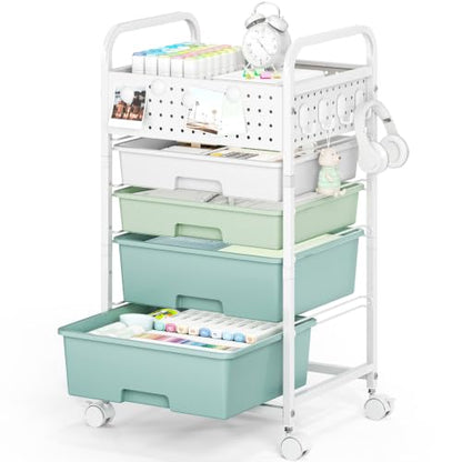 4 Drawer Rolling Storage Cart with Pegboard Top and Hooks, Gradient Green - color: Gradient Green, size: 4-Drawers