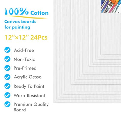 Canvas for Painting, 24pcs 12x12 Primed Bulk Painting Canvas Board | for Kids and Adults, White Blank Canvas Panels for Acrylic Paint, Oil, Pour Art Supplies - size: 12x12 inch