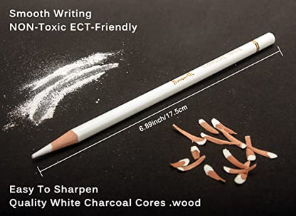 Brusarth White Charcoal Pencils Drawing Set, Professional 6-Piece Sketch, Highlight, Shading, Blending Set for Beginners & Artists - color: White
