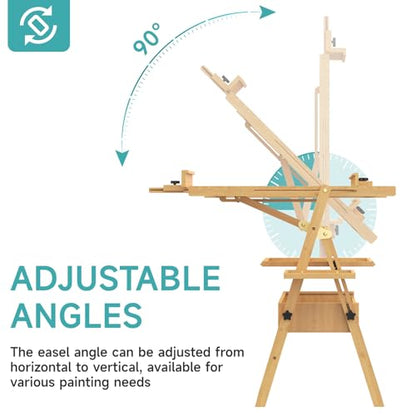 Solid Beech Wood H-Frame Easel with 2 Palette and Storage - color: Natural Wood