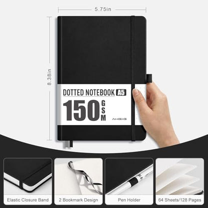 AHGXG Dotted Journal, 150 GSM Paper, 128 Pages, A5 (5.7'' X 8.3'') - color: Black, style: A5-Dotted-150G