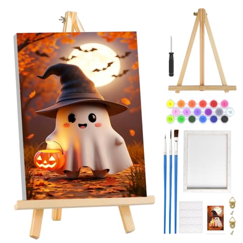MOGTAA Halloween Paint by Numbers Kit for Adults Beginners with Frame, Ghost Adult Paint by Number Kits on Canvas with Easel, Easy DIY Pumpkin Lantern Oil Painting Kits for Home Decor, 8x12in - color: Ghost-02