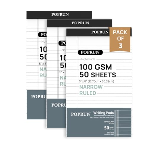 POPRUN Small Legal Pads, 5" x 8", 3 Pack, 50ct, 100 GSM, 1/4" Narrow Ruled | Mini Notepads, White Thick Paper with Cardback, Writing Pad, Easy Carry, Work, Home, School Supply - size: Narrow Ruled