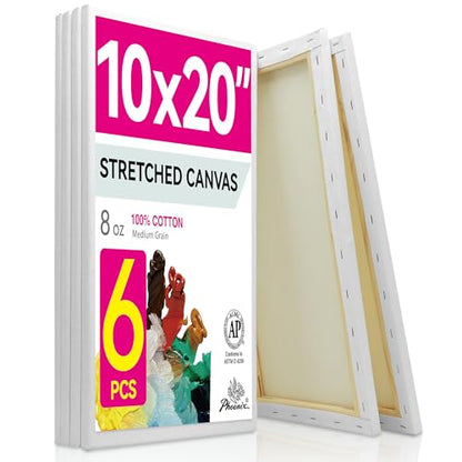 PHOENIX Long Stretched Canvas for Painting 10x20 Inch/6 Value Pack, 8 Oz Triple Primed 5/8 Inch Profile 100% Cotton White Blank Canvas, Rectangular Framed Canvas for Oil Acrylic & Pouring Art - size: 10"x20", style: Studio Set (8 Oz.)