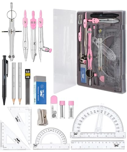 Mr. Pen- Geometry Set, 15 pcs, Pink, 6 Inch Swing Arm Protractor, Divider - color: Pink