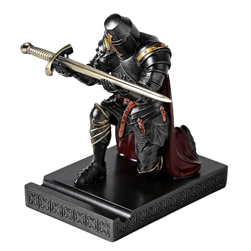 Medieval Templar Vanguard Officer Knight Pen Holder Desk Organizers Iron | Pencil Stand Paperweight Desktop Decoration Accessories Cell Phone Stand with a Fancy Sword for Medieval Warrior Enthusiast - color: Iron