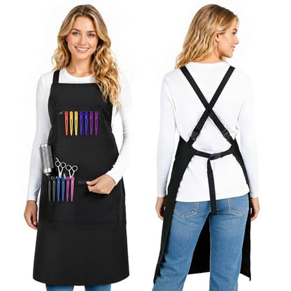 Noverlife Hair Stylist Apron with 4 Pockets, Hair Resistant 34 Inch Long Hairdresser Aprons w/Adjustable Strap for Salon - color: Black Cross Back Hair Styling Apron
