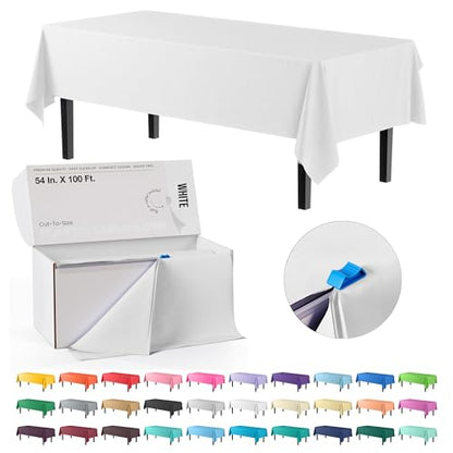 Exquisite Party Solids 54 Inch X 100 Feet White Plastic Table Cover Roll in A Cut - to - Size Box with Convenient Slide Cutter. Cuts Up to 12 Rectangle 8 Feet Plastic Disposable Tablecloths - color: White, size: 100 Feet