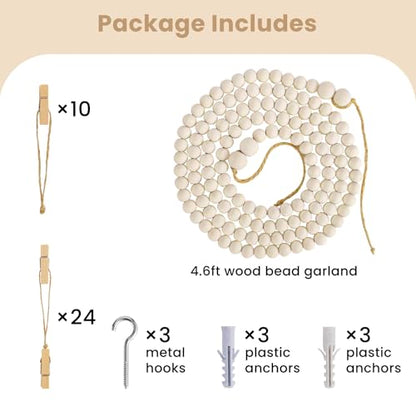 KLOGTSIND Kids Art Display Wall Decor, Wood Beads Garland with 34 Clips - color: Brown