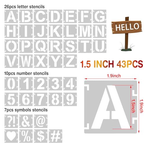 1.5 Inch Letter Stencils,43Pcs Reusable Letter Stencils for Painting | Alphabet Symbol Numbers Stencils Interlocking Kit for Painting on Wood, Wall, Fabric, Rocks, Chalkboard, Sign & DIY Art - size: 1.5 inch
