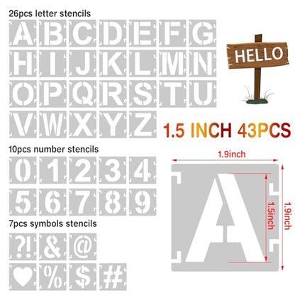 1.5 Inch Letter Stencils,43Pcs Reusable Letter Stencils for Painting | Alphabet Symbol Numbers Stencils Interlocking Kit for Painting on Wood, Wall, Fabric, Rocks, Chalkboard, Sign & DIY Art - size: 1.5 inch