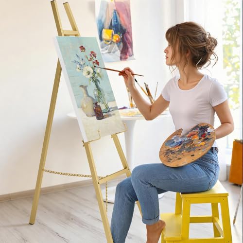47" Gold Easel Stand for Sign, Large Heavy Duty Metal Display, 4-Tier | Sturdy Art Easel with Adjustable Chain & Non-Slip Feet for Wedding, Painting, Party, Posters, Commercial, Foldable - color: Gold