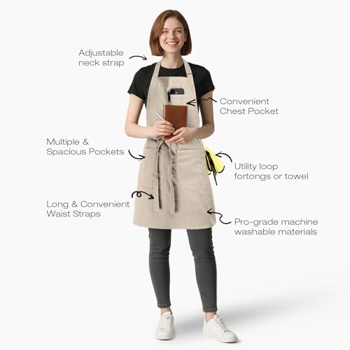 Unisex Apron with Pockets for Cooking, Salon & Art - 100% Cotton Adult Kitchen, Chef, Stylist Apron (Beige) - color: Beige
