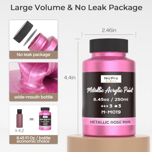 Nicpro Metallic Pink Acrylic Paint, 8.45oz/250ml Pearlescent Rose Shimmer | Large, Non Toxic, Non Fading Craft Paints for Metal, Wood, Clay, Fabric, Canvas, Ceramic, Furniture, Handcrafts - color: Metallic Rose Pink, size: 8.45 Fl Oz (Pack of 1)