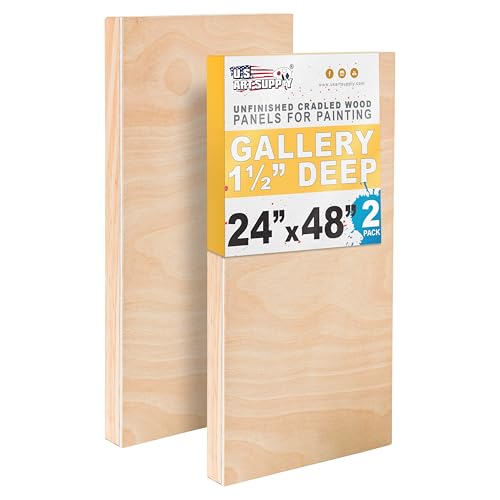 U.S. Art Supply 24" x 48" Unfinished Cradled Wood Panels for Painting, Gallery 1-1/2" Deep (2 Pack) - Artist Depth Wooden Wall Canvases - Mixed-Media Craft, Acrylic, Oil, Encaustic, Paint Pouring - size: 24" x 48"