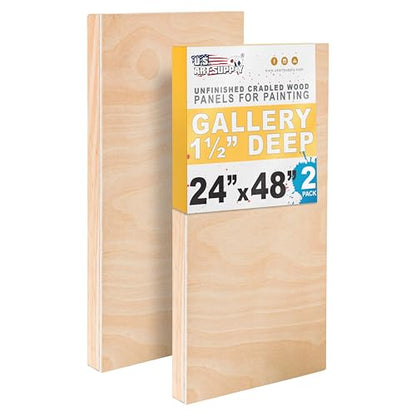 U.S. Art Supply 24" x 48" Unfinished Cradled Wood Panels for Painting, Gallery 1-1/2" Deep (2 Pack) - Artist Depth Wooden Wall Canvases - Mixed-Media Craft, Acrylic, Oil, Encaustic, Paint Pouring - size: 24" x 48"