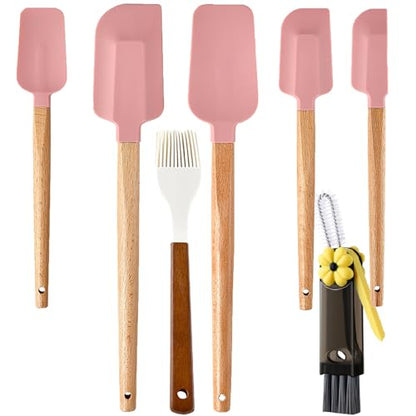 7 Piece Silicone Spatula Set, Food Grade Rubber Spatula Set with Wooden Handle, Heat Resistant Up to 600°F, Silicone Utensils Set for Baking, Cooking & Mixing, Jar, Non-Stick Kitchen Utensils(Pink) - color: Pink