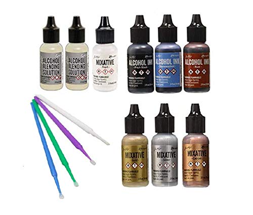 Tim Holtz Adirondack Alcohol Ink Value Pack Bundles of Favorite Colors Plus Pearl Mixative with Two Alcohol Blending Solutions, Bonus Purple Turtle Blending Sticks, (Favorite 10 Metallics and Bolds) - color: Favorite 10 Metallics and Bolds