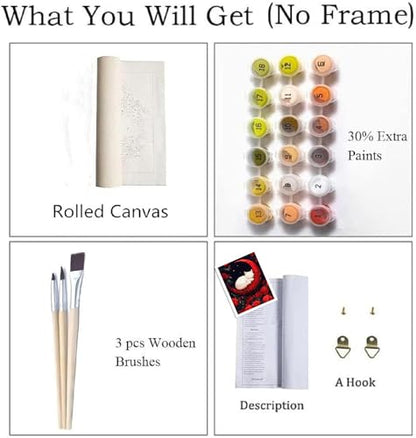 Paint by Numbers Kit for Adults Beginner Animal,Moon Flowers Cat,16x20" | Full set with wooden brushes,rolled canvas,rich paints.Calming activity.Beginner friendly.Just open and paint. - color: 16"X20"Rolled Canvas(Frameless)-Cat 15