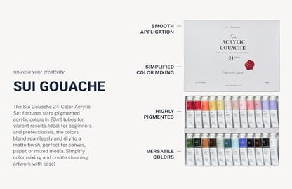 Professional Artist Acrylic Gouache Paint Set 24-Color Premium Set (20ml Tubes) | High-Opacity Satin Finish Acrylic Gouache for Illustrators, Designers & Fine Art Painting