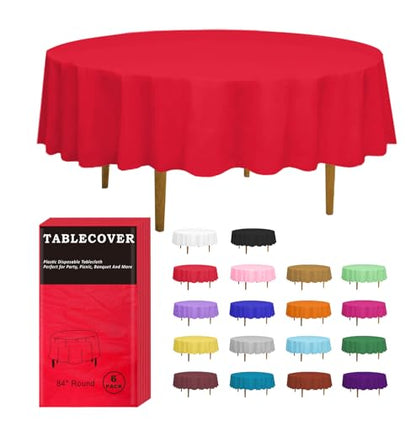 D&Z 6 Pack Red Disposable Plastic Tablecloth, 84" Round Table Cover - color: Red, size: 6 Pack 84" Round