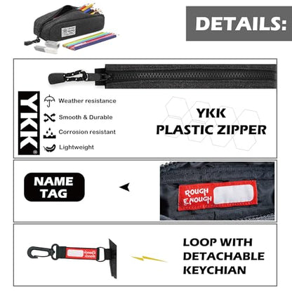Rough Enough Small Canvas Pencil Case, Stationery Bag for Students | Black, 8"x3"x2.5", YKK Zipper, Detachable Keychain, Name Tag, for School & Office Stationery Use
