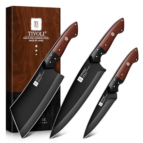 TIVOLI Kitchen Knife Set 3pcs - Chef Knife Set with Full Tang Wooden Handle - size: 8