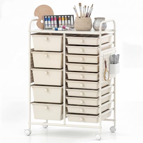 DREAMADE 15-Drawer Rolling Storage Cart, Craft Organizer Cart, White | Mobile Utility Cart with Metal Pegboard Panels, Tabletop and Lockable Wheels for Classroom, Office, Studio and Playroom - color: White, size: With Pegboard - 25" x 14.5" x 34.5"